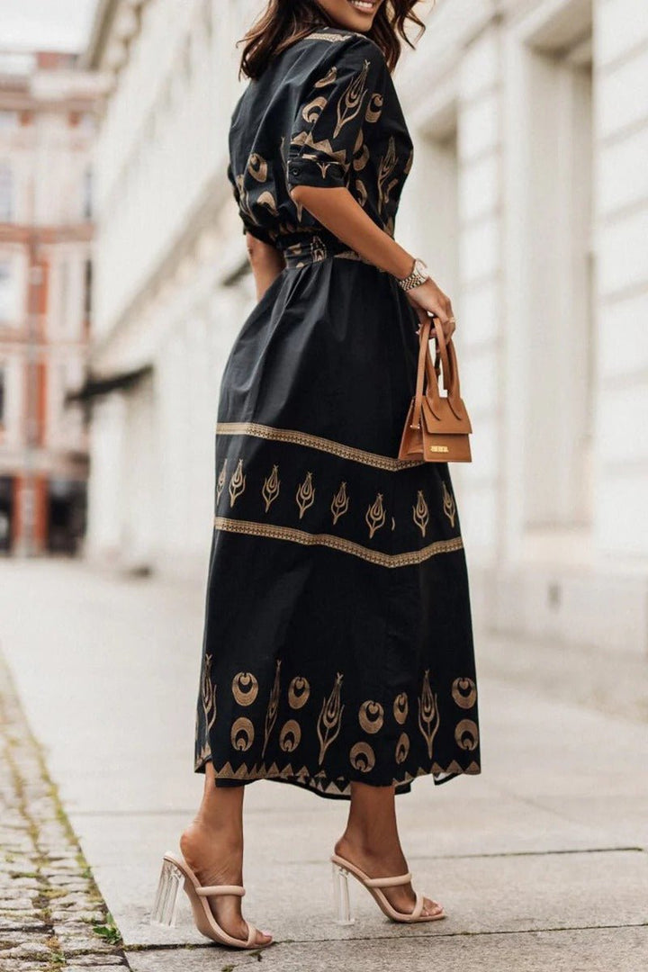 Damen Boho-Print Gürtel Midi Kleid mit 3/4-Ärmeln