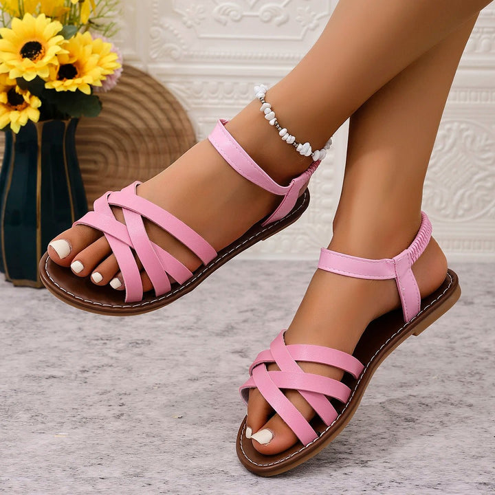 Damen Boho Sandalen Flache Gladiator Crossover Riemen - Roze