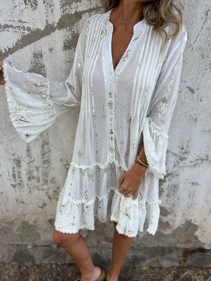 Damen Boho Stufenkleid V-Ausschnitt Dreiviertel-Ärmel - White