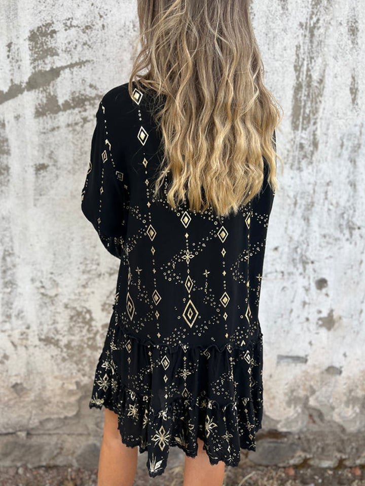 Damen Boho Stufenkleid V-Ausschnitt Dreiviertel-Ärmel