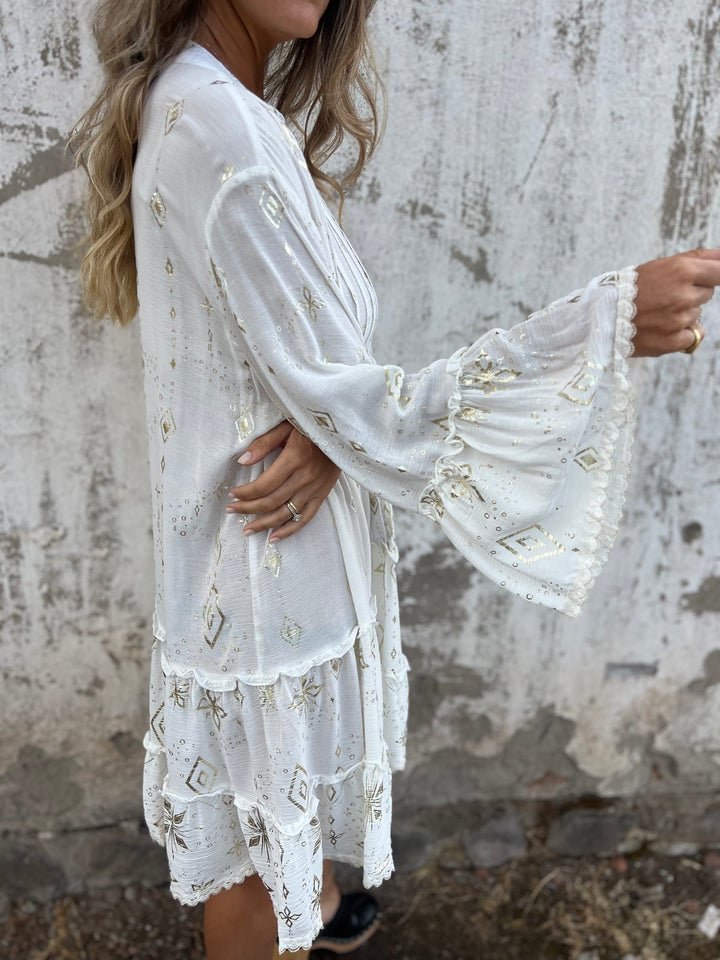 Damen Boho Stufenkleid V-Ausschnitt Dreiviertel-Ärmel