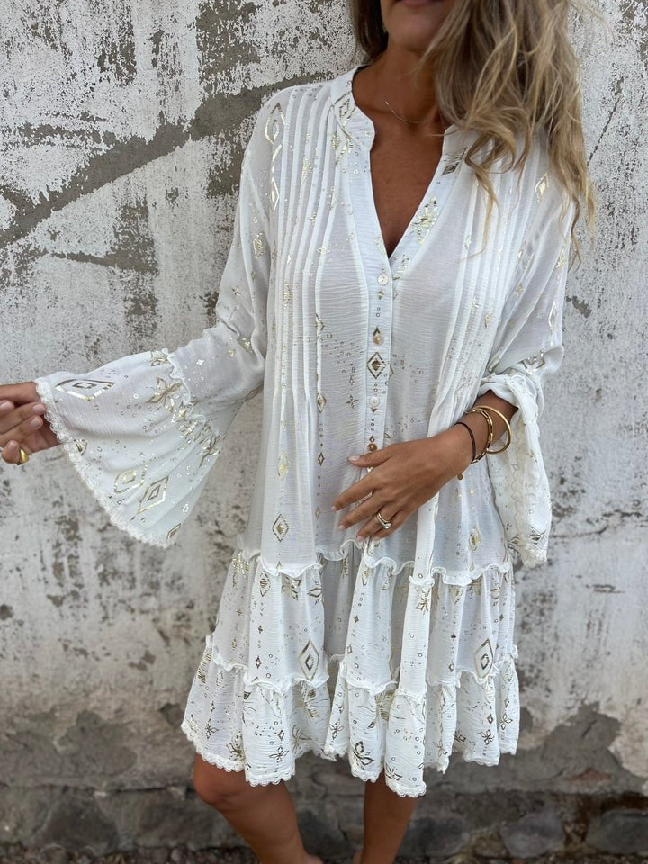 Damen Boho Stufenkleid V-Ausschnitt Dreiviertel-Ärmel