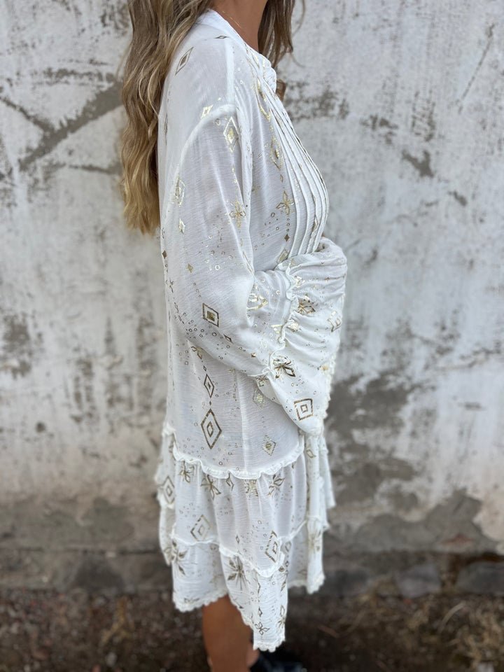Damen Boho Stufenkleid V-Ausschnitt Dreiviertel-Ärmel