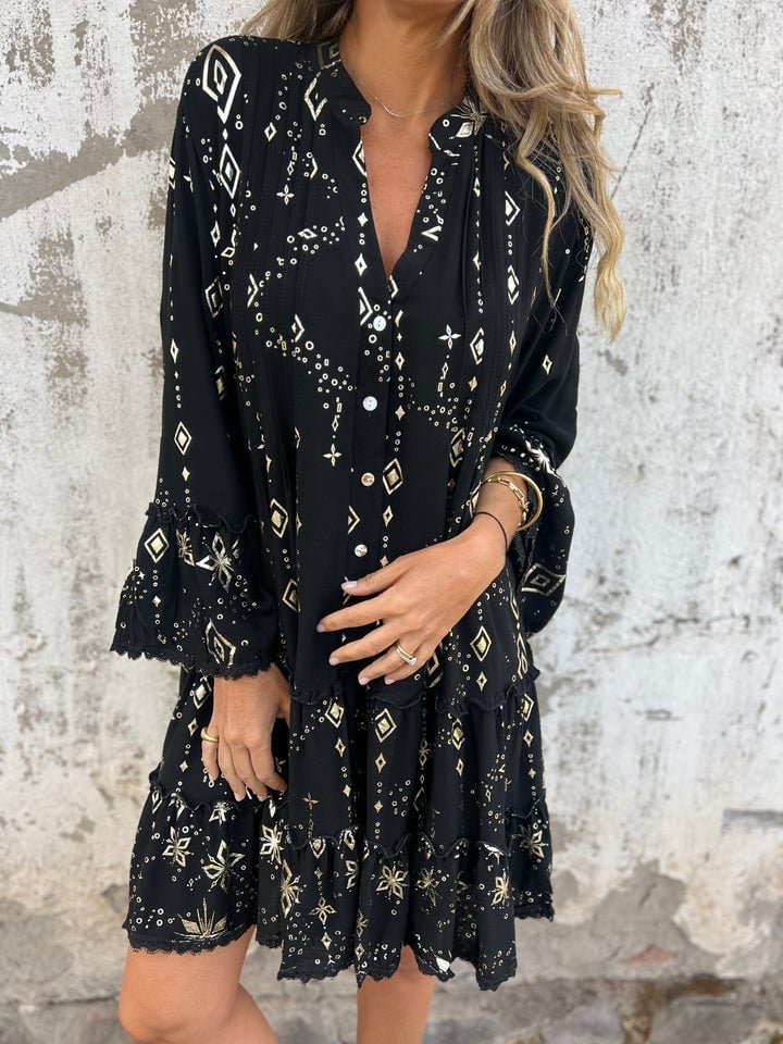Damen Boho Stufenkleid V-Ausschnitt Dreiviertel-Ärmel - Black