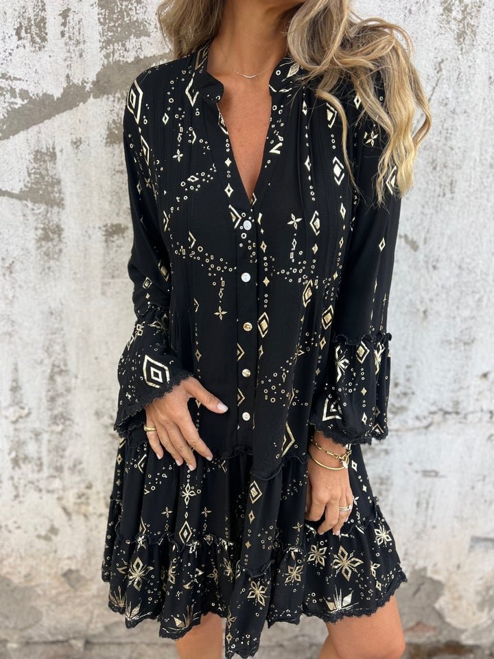 Damen Boho Stufenkleid V-Ausschnitt Dreiviertel-Ärmel