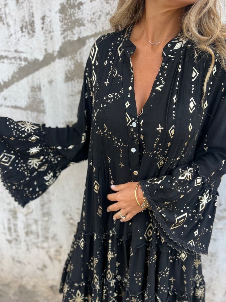 Damen Boho Stufenkleid V-Ausschnitt Dreiviertel-Ärmel
