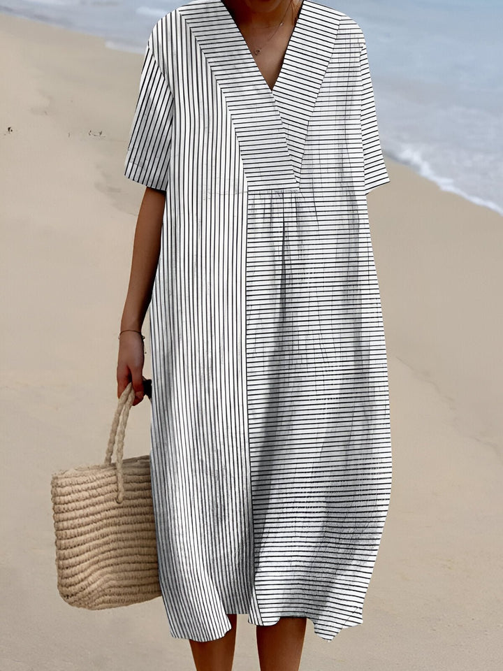 Damen Boho V-Ausschnitt Midi-Sommerkleid mit Kurzen Ärmeln - Stripe White