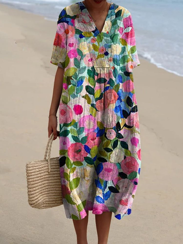 Damen Boho V-Ausschnitt Midi-Sommerkleid mit Kurzen Ärmeln - Colorful