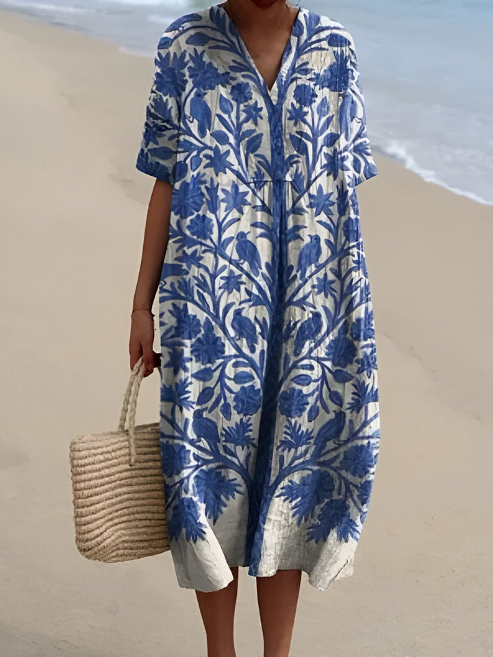 Damen Boho V-Ausschnitt Midi-Sommerkleid mit Kurzen Ärmeln - Blue