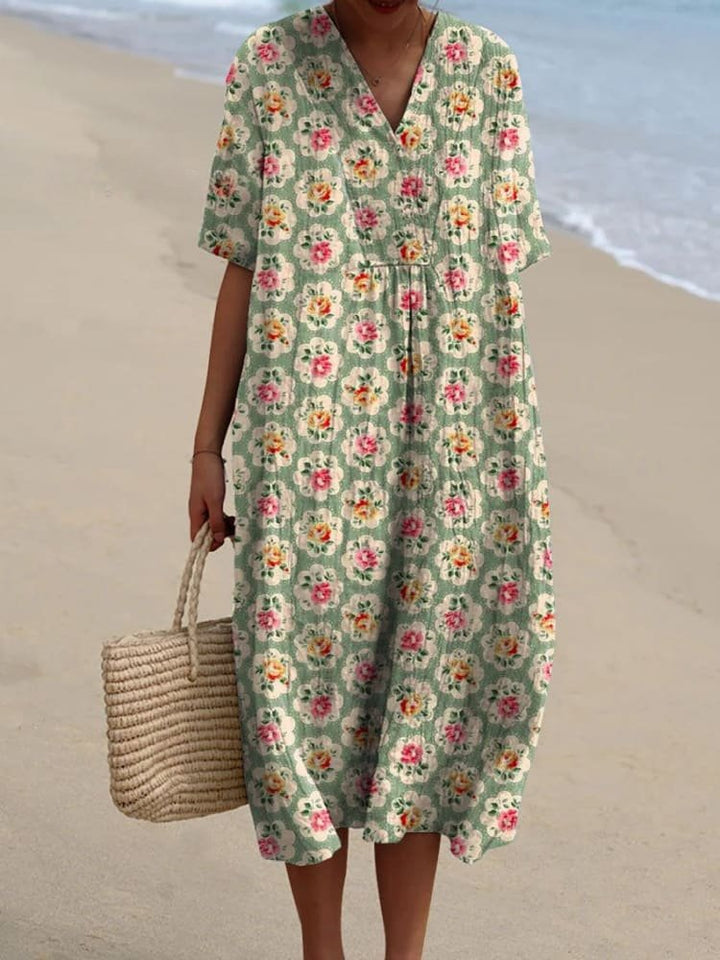 Damen Boho V-Ausschnitt Midi-Sommerkleid mit Kurzen Ärmeln - Floral Green