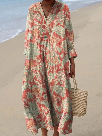 Damen Boho V-Ausschnitt Midi-Sommerkleid mit Kurzen Ärmeln - Floral Orange