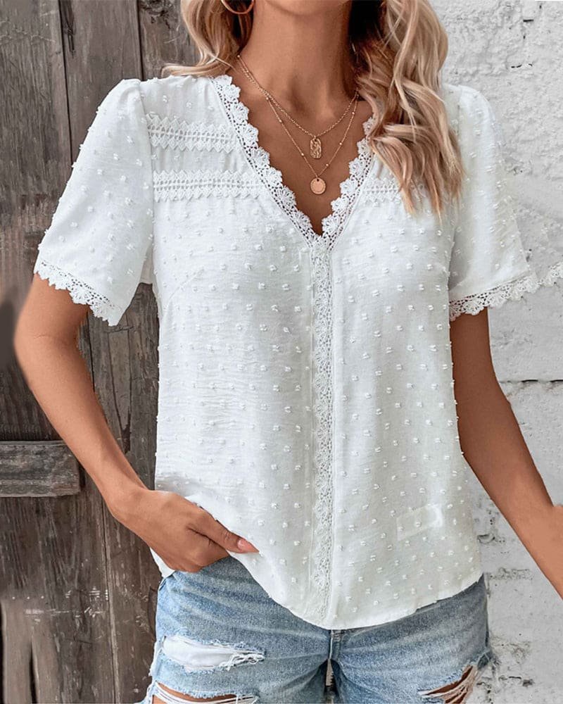Damen Boho V-Ausschnitt Spitzen-Pünktchen Bluse