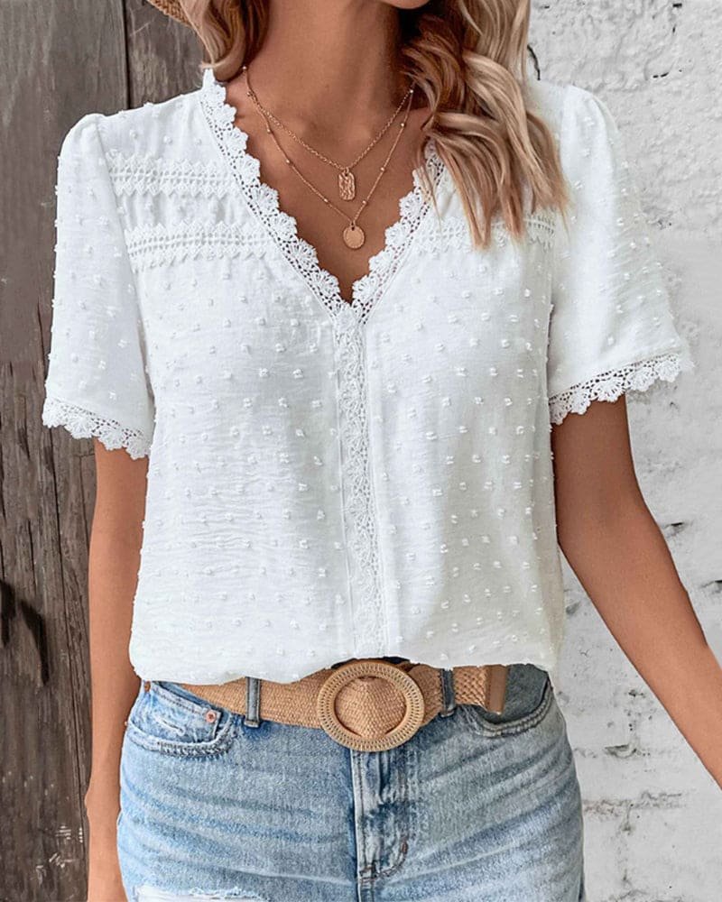 Damen Boho V-Ausschnitt Spitzen-Pünktchen Bluse - White