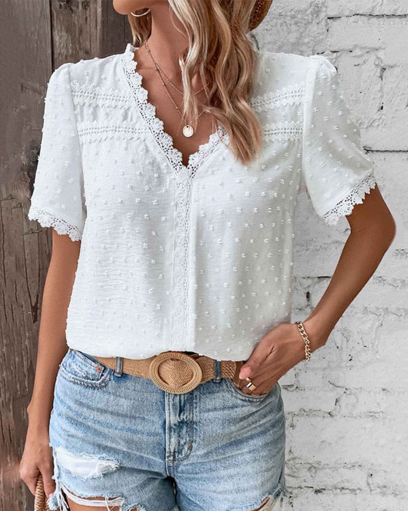Damen Boho V-Ausschnitt Spitzen-Pünktchen Bluse