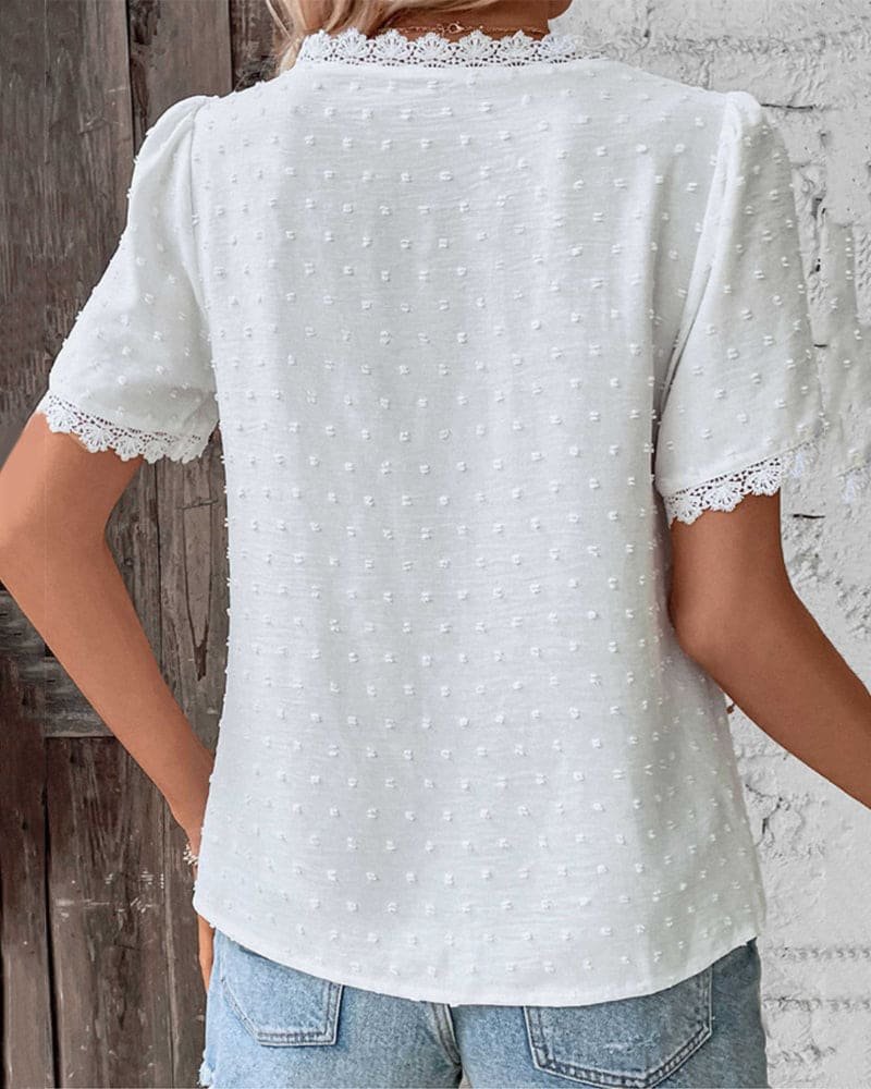Damen Boho V-Ausschnitt Spitzen-Pünktchen Bluse