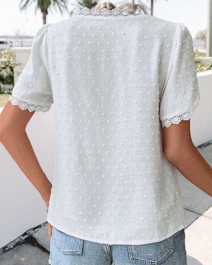 Damen Boho V-Ausschnitt Spitzen-Pünktchen Bluse