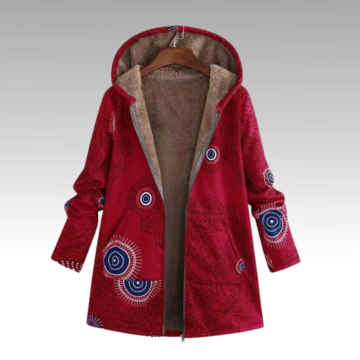 Damen Boho Winterjacke mit Sherpa-Futter Kapuze Reißverschluss - Rot