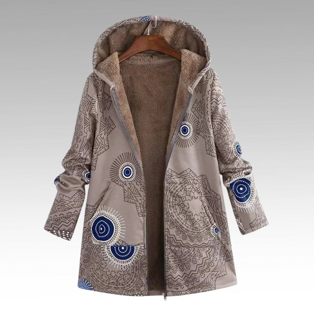 Damen Boho Winterjacke mit Sherpa-Futter Kapuze Reißverschluss - Khaki