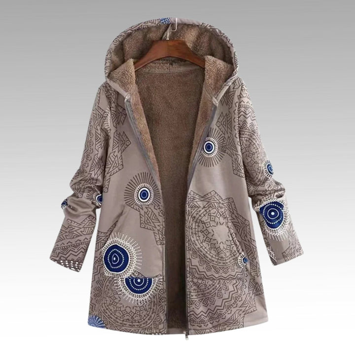 Damen Boho Winterjacke mit Sherpa-Futter Kapuze Reißverschluss - Khaki