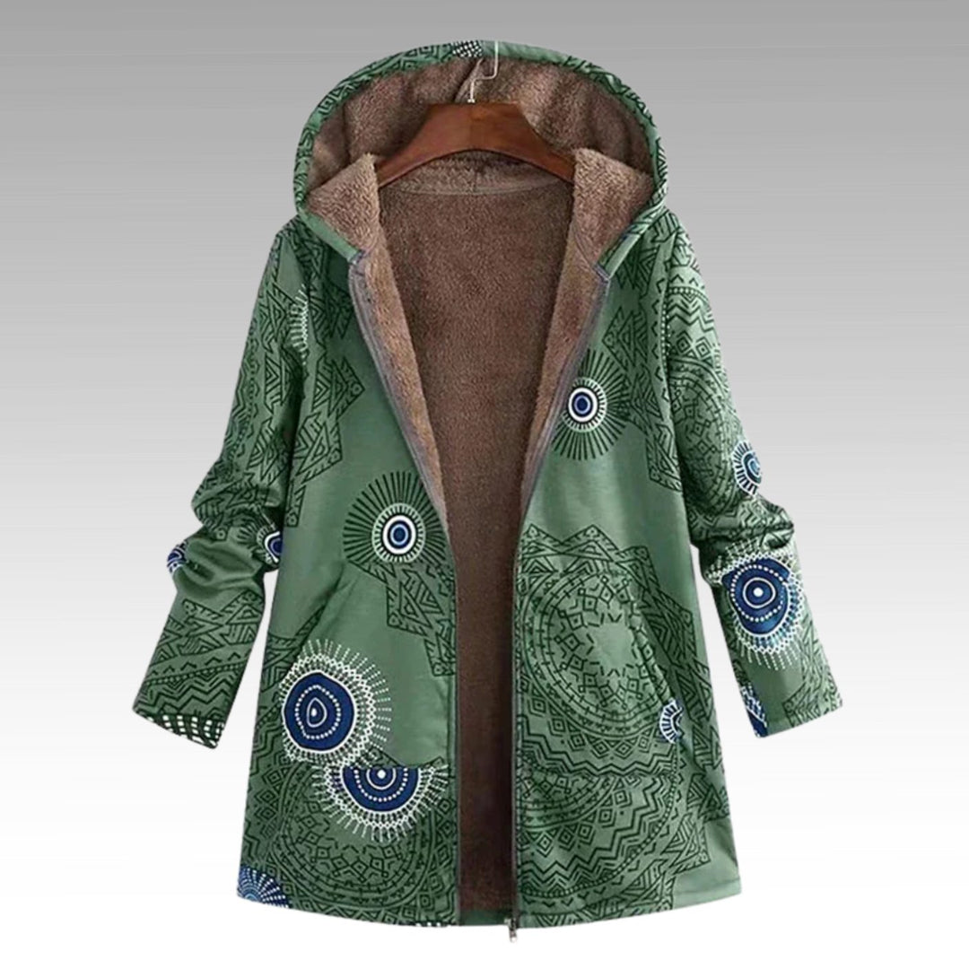 Damen Boho Winterjacke mit Sherpa-Futter Kapuze Reißverschluss - Grün