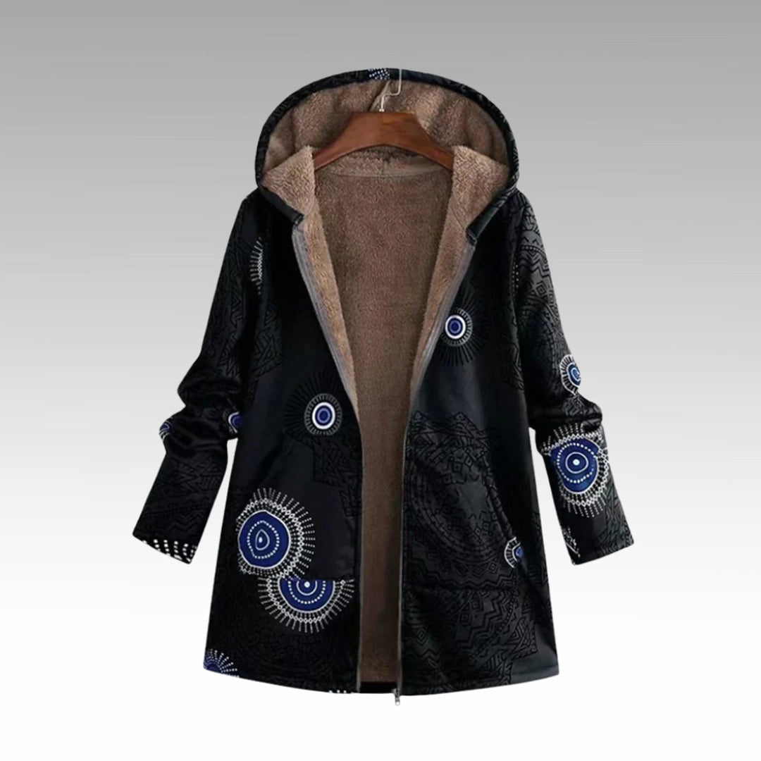 Damen Boho Winterjacke mit Sherpa-Futter Kapuze Reißverschluss - Schwarz