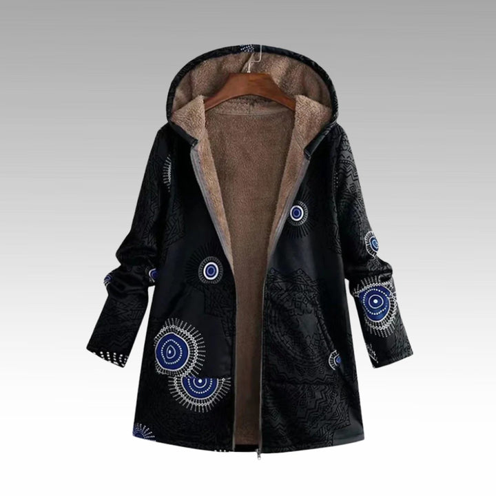 Damen Boho Winterjacke mit Sherpa-Futter Kapuze Reißverschluss - Schwarz
