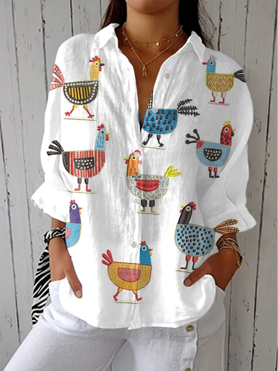 Damen Bunte Hühner-Print Langarm Bluse mit Knopfleiste - Multicolor