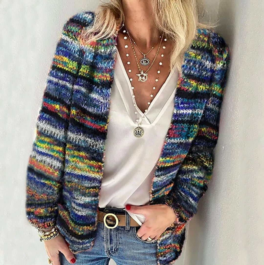 Damen Bunter Langarm Strick-Cardigan - Blue