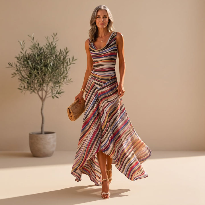 Damen Buntes Gestreiftes Ärmelloses Maxikleid mit Wasserfall-Saum