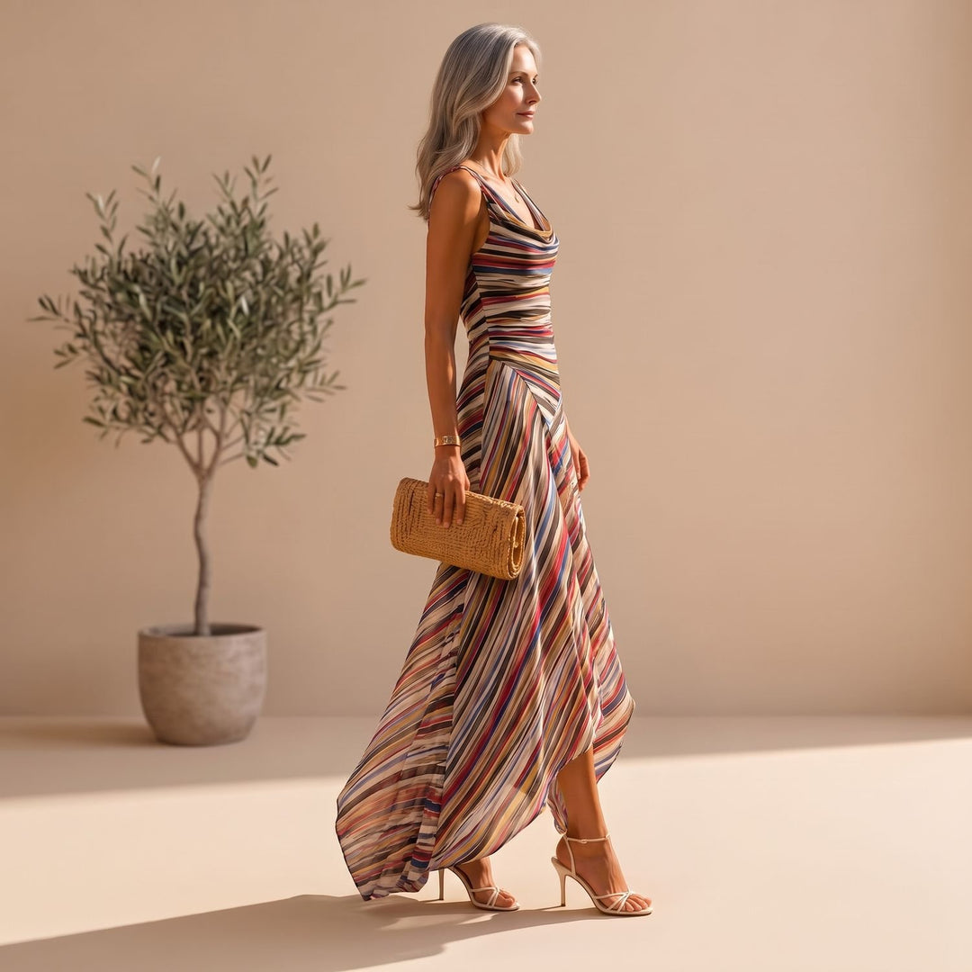 Damen Buntes Gestreiftes Ärmelloses Maxikleid mit Wasserfall-Saum