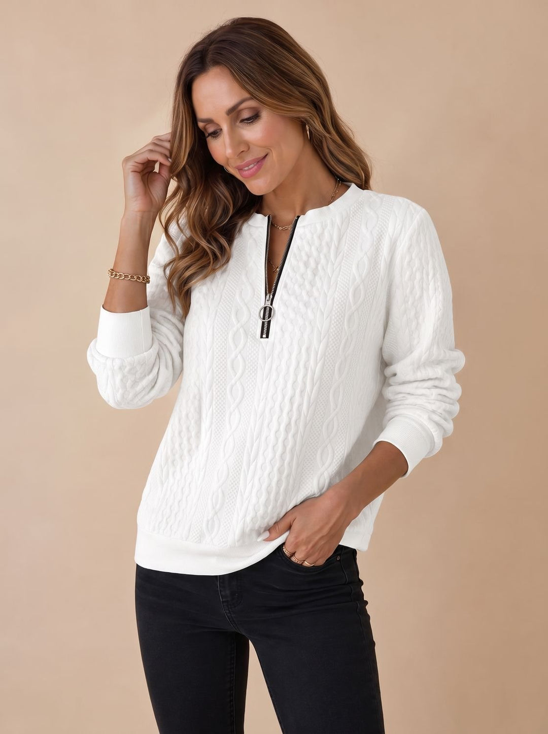 Damen Cable-Knit Half-Zip Pullover Langarm Relaxed-Fit Strickpullover - Weiß