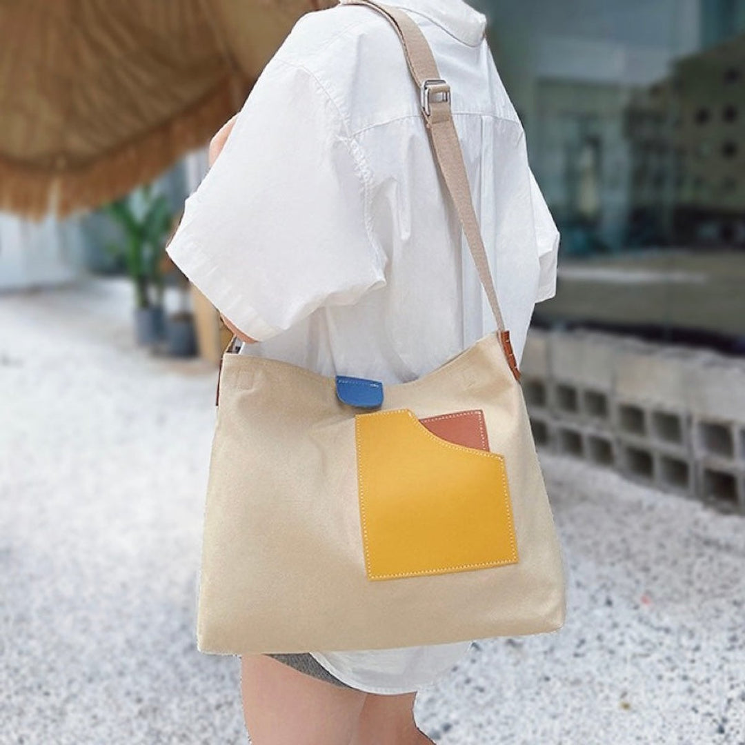 Damen Canvas Tote Bag Schultertasche Farbblock PU-Leder - Beige