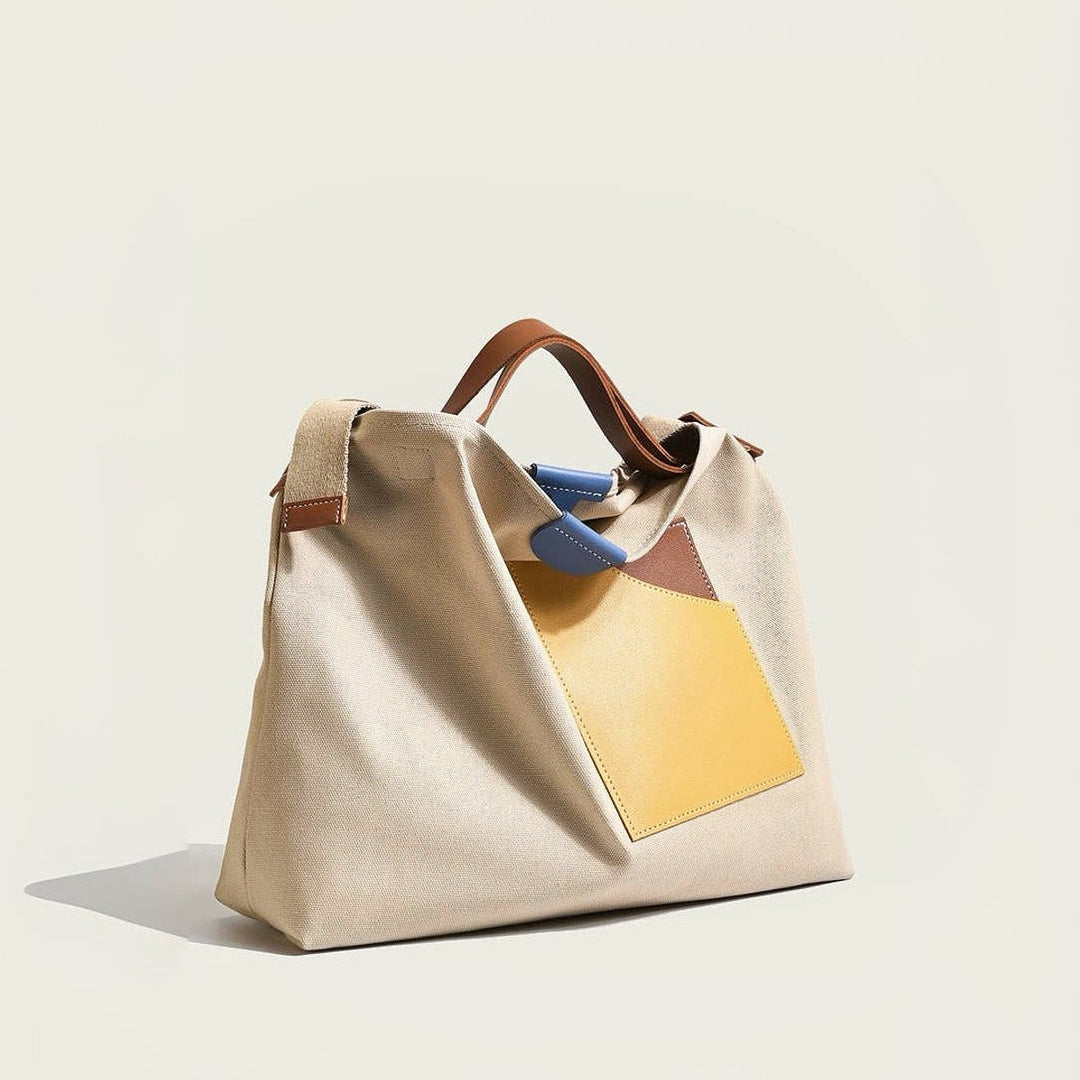 Damen Canvas Tote Bag Schultertasche Farbblock PU-Leder
