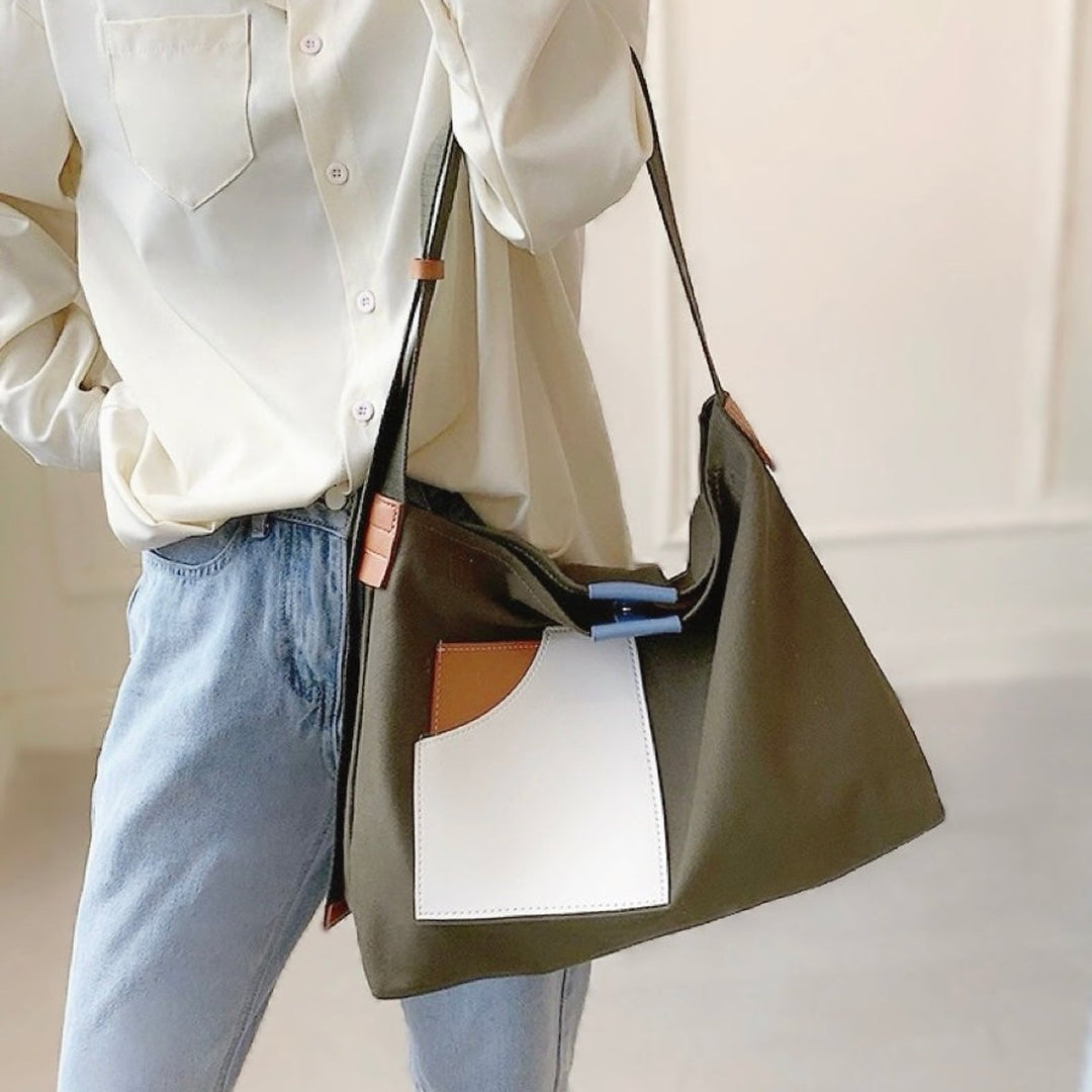 Damen Canvas Tote Bag Schultertasche Farbblock PU-Leder - Grün