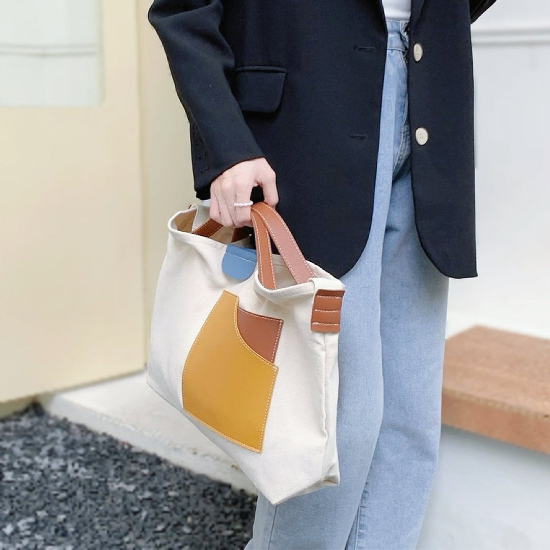 Damen Canvas Tote Bag Schultertasche Farbblock PU-Leder - Weiß