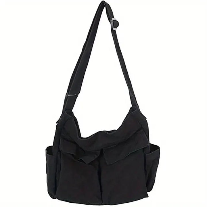Damen Canvas Tote Bag Vintage Umhängetasche mit Außentaschen - Schwarz