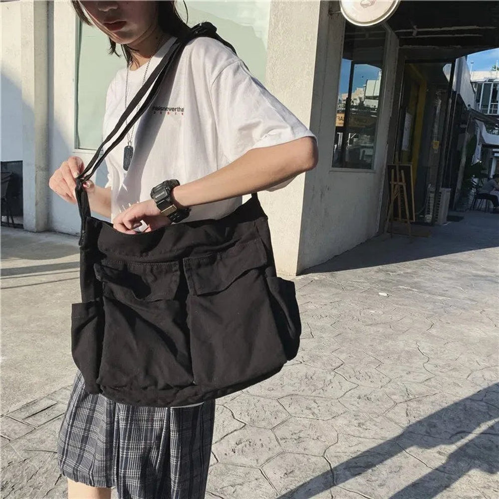 Damen Canvas Tote Bag Vintage Umhängetasche mit Außentaschen