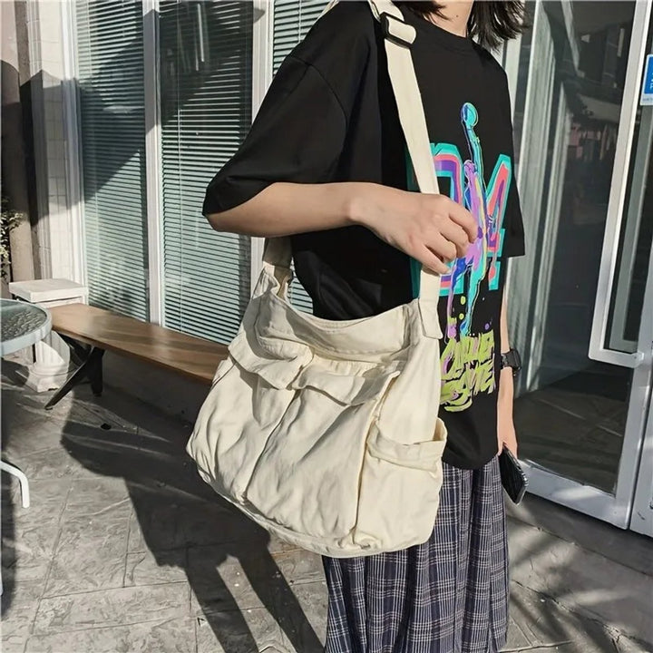 Damen Canvas Tote Bag Vintage Umhängetasche mit Außentaschen
