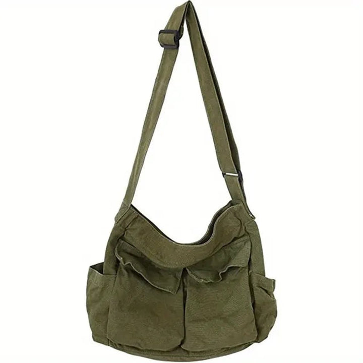 Damen Canvas Tote Bag Vintage Umhängetasche mit Außentaschen - Armeegrün