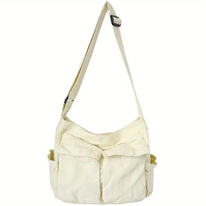 Damen Canvas Tote Bag Vintage Umhängetasche mit Außentaschen - Weiss