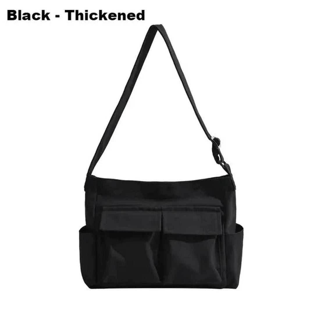 Damen Canvas Tote Bag Vintage Umhängetasche mit Außentaschen - Schwarz verdickt