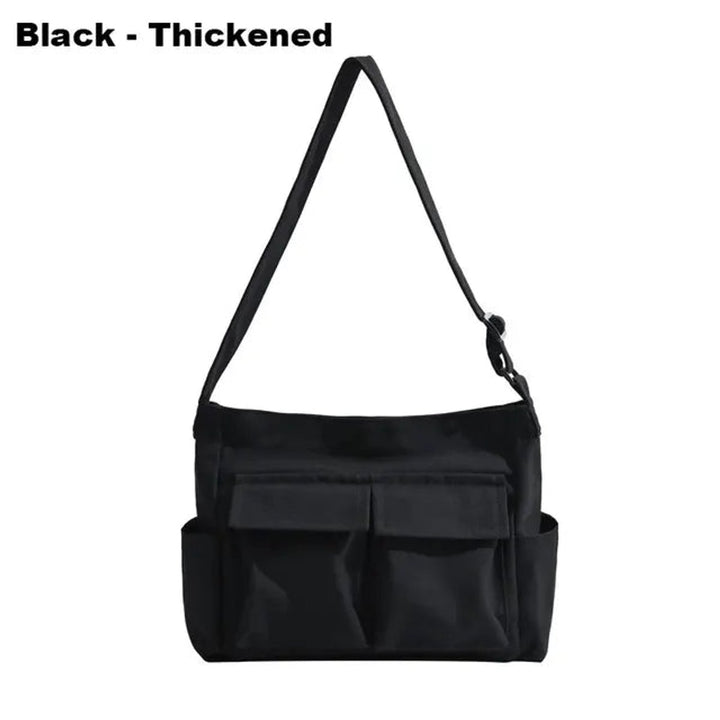 Damen Canvas Tote Bag Vintage Umhängetasche mit Außentaschen - Schwarz verdickt