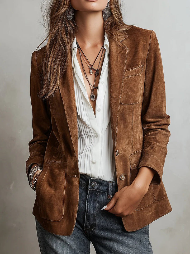 Damen Cardigan Blazer Kunstwildleder Tailored-Fit Knopfleiste