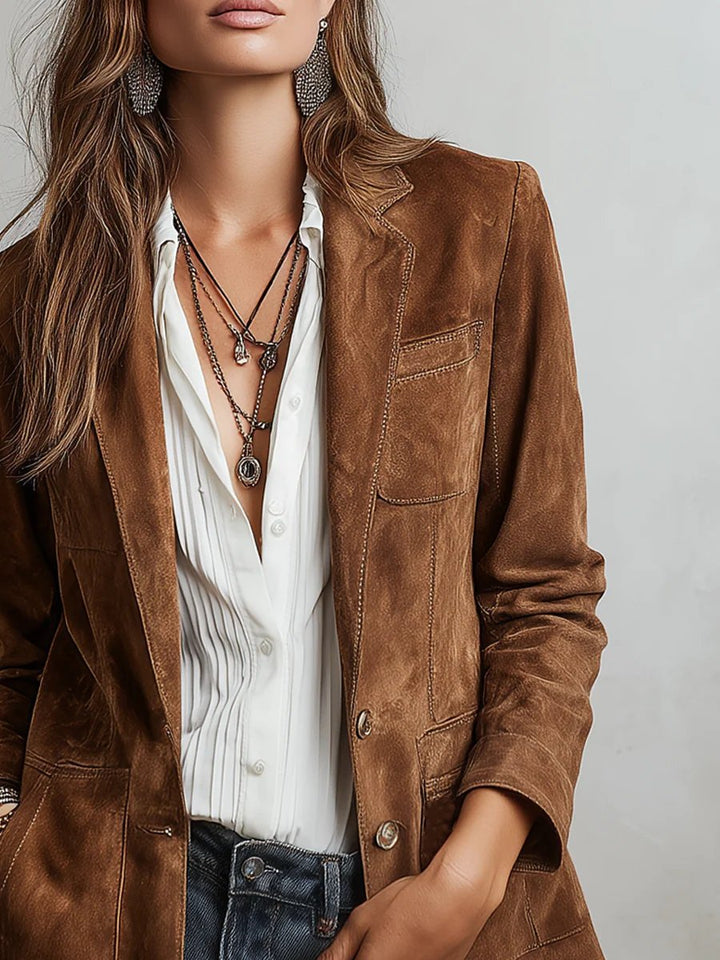 Damen Cardigan Blazer Kunstwildleder Tailored-Fit Knopfleiste - Brown