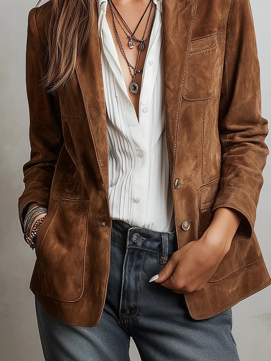 Damen Cardigan Blazer Kunstwildleder Tailored-Fit Knopfleiste
