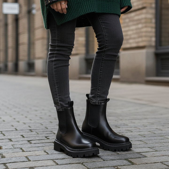 Damen Chelsea Stiefeletten mit Profilsohle und Rückenreißverschluss