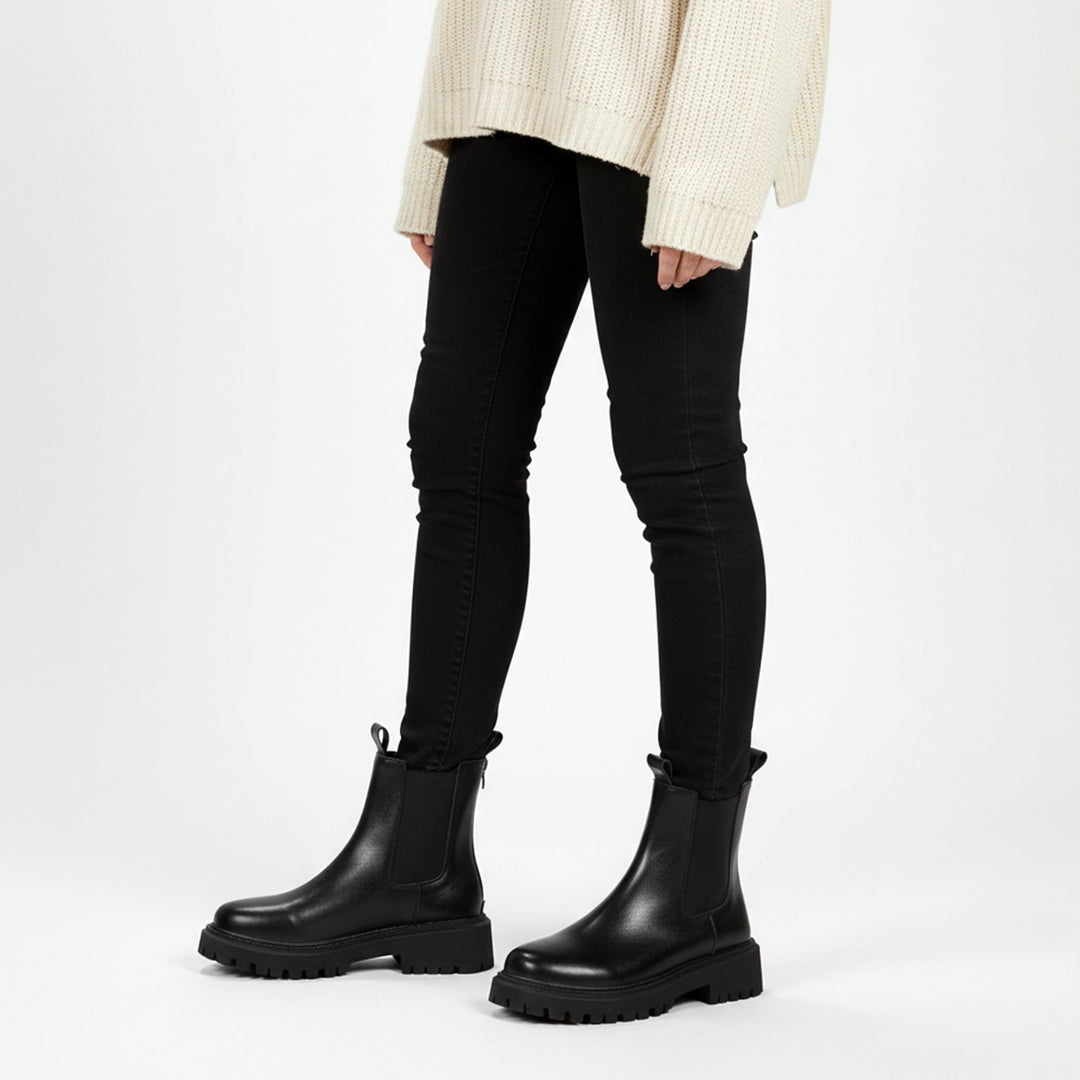 Damen Chelsea Stiefeletten mit Profilsohle und Rückenreißverschluss - Schwarz