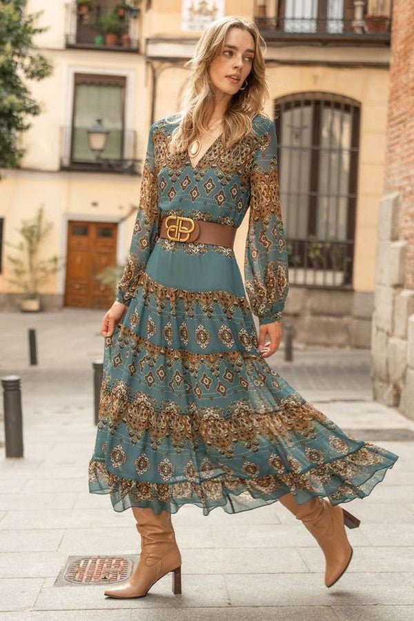 Damen Chiffon Boho Medallion Puffärmel Stufenkleid