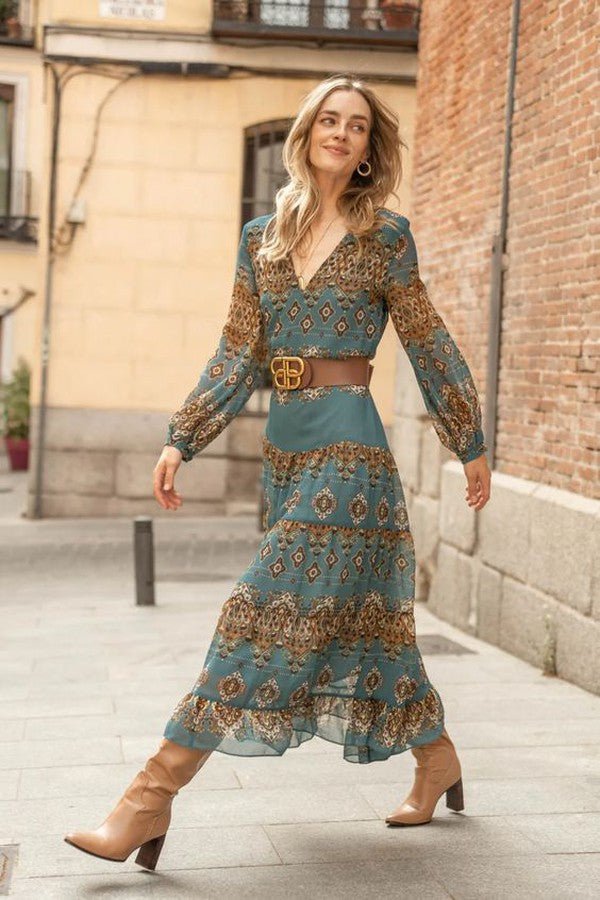 Damen Chiffon Boho Medallion Puffärmel Stufenkleid