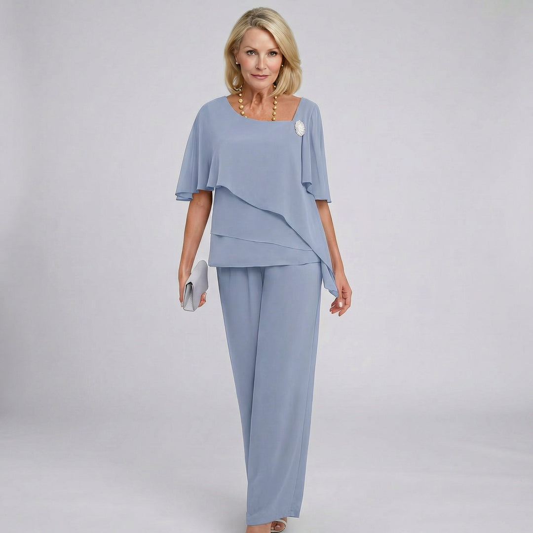 Damen Chiffon Cape-Ärmel Two-Piece Set mit weiten Beinen - Grey-Blue